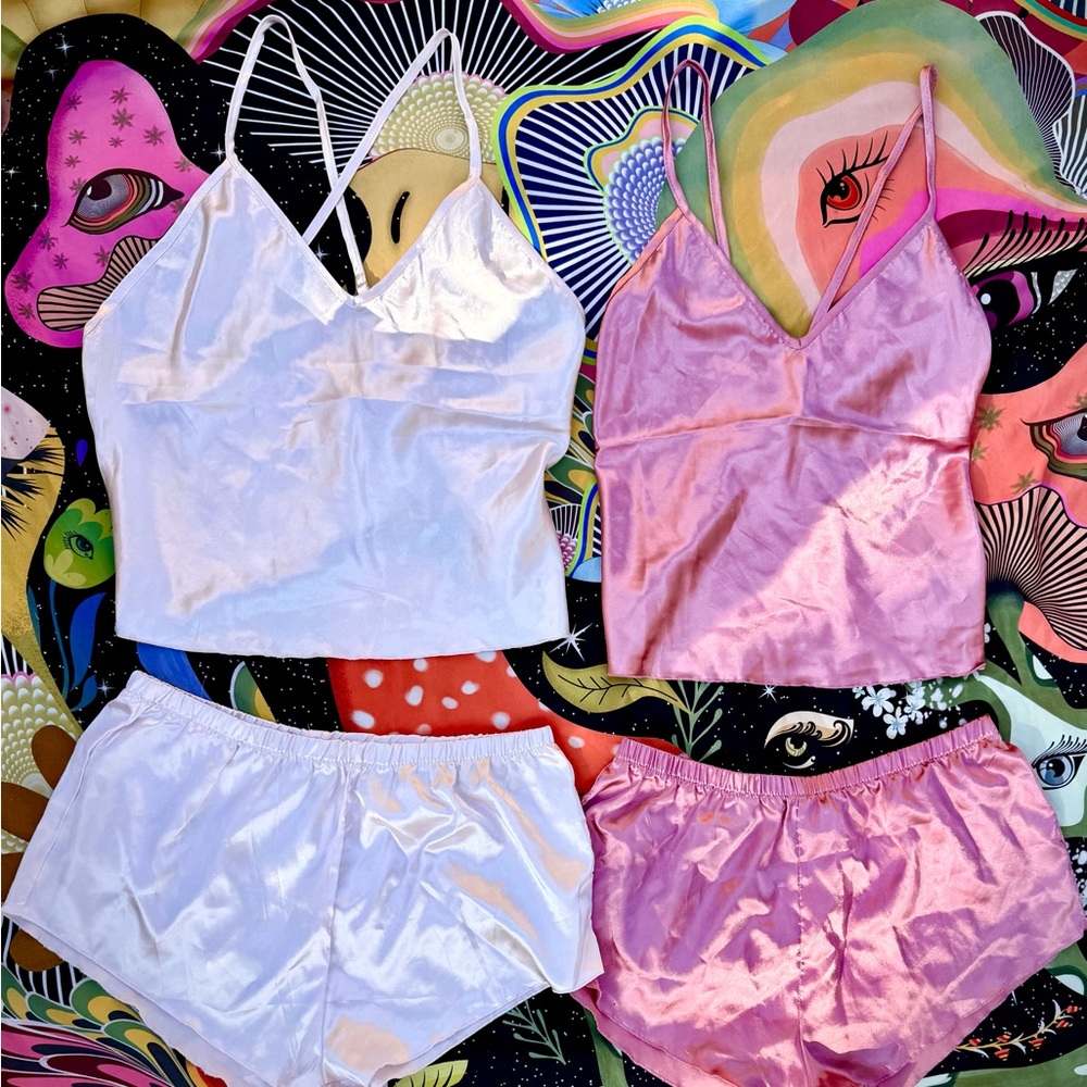Silky Pink & Cream Women's Pajama Set (2 pairs: cross back camisoles + shorts)